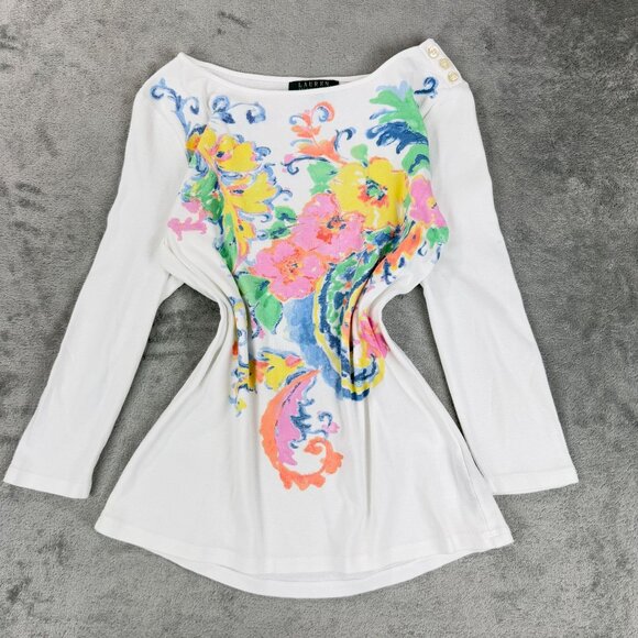 Lauren Ralph Lauren Floral Art Print Y2K 3/4 Long Sleeve Tropical Summer Girly M - Picture 1 of 10